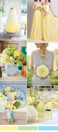 yellow and blue wedding color palettes for the bride's bouquet, bridal gown