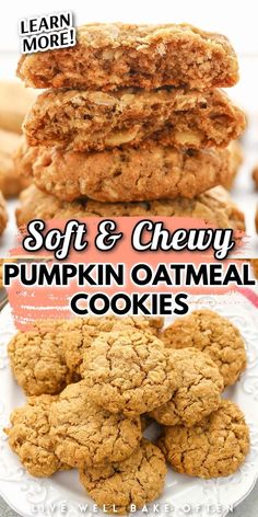 soft and chewy pumpkin oatmeal cookies stacked on top of each other