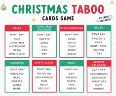 christmas game cards with the names and numbers for each card in red, green, and white