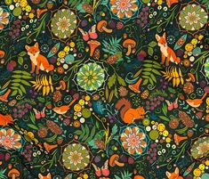 an image of a colorful floral pattern with foxes and flowers on black background, suitable for wallpaper or fabric