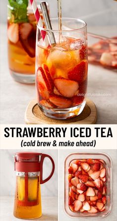 a glass of homemade strawberry iced tea. Potluck Party Food, Strawberry Iced Tea, Tea Cold Brew, Homemade Iced Tea, Strawberry Tea, Better Diet, Easy Strawberry, Summer Refreshments, Fresh Strawberries