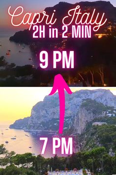 two photos with the words capri italy in pink