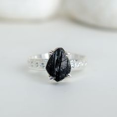 Raw Black Tourmaline Ring, Sterling Silver Jewelry, Natural Black Tourmaline with CZ, Statement Ring, Rough Stone, Handmade Jewelry, Gift by BohoArtisanJewelry on Etsy Raw Black Tourmaline, Black Tourmaline Ring, Raw Crystal Ring, Raw Gemstone Ring, Link Earrings, Handmade Jewelry Gift, Tourmaline Ring, Black Tourmaline, Dainty Ring