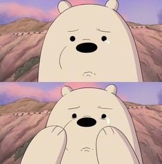 an animated polar bear sitting in front of a mountain with the caption that says,