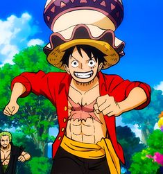 an image of one piece being carried on his head by another man in the background