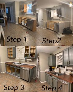 four pictures showing the steps to painting kitchen cabinets in different styles and colors, including wood counter tops