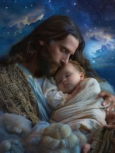 a man holding a baby in his arms with the sky and clouds behind him,