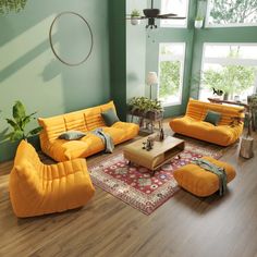 a living room with green walls and yellow couches on the floor, potted plants