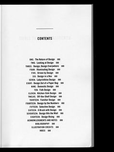 an open book with black and white text on it's cover, titled contents