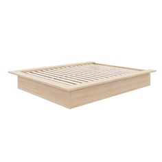 a wooden bed frame with slats on the top and bottom, in front of a white background