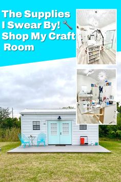 White craft shed with aqua double doors and two inset photos of the interior of the craft room Remodel Ideas, Craft Room, Easy Crafts, More Fun, Every Day, My Favorite, Make Your, Shop My