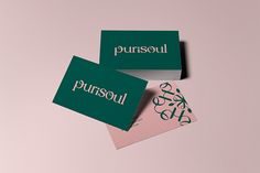 three business cards on top of each other with the word pursuit written in white and green