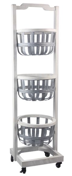 a three tiered basket rack on wheels