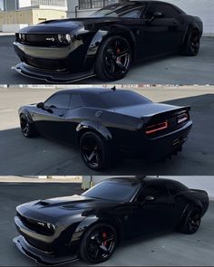 three different views of a black sports car