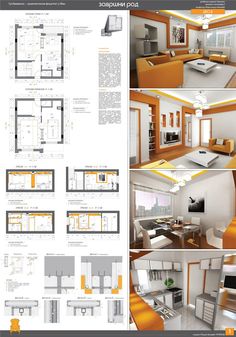 an image of a kitchen and living room layouts in orange, white and grey