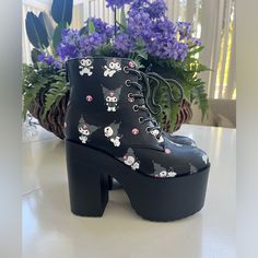 Please See All Photos For Full Description. Please See My Other Listings For More High-Quality Women’s Boots And Shoes. Thank You. Cute Black Pointed Toe Heels, Cute Black High-top Boots, Cute Black Lace-up Boots, Kuromi Shoes, Sanrio Shoes, Funny Shoes, Sanrio Kuromi, Platform Boots, Hot Topic