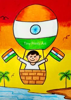 a painting of a boy in a basket with the flag of india on it