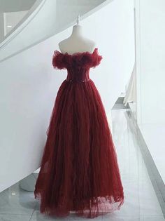 Wine Red Tulle Sequins Long Off Shoulder Party Dress Elegant Red Tulle Evening Dress, Elegant Christmas Tulle Dress, Fitted Tulle Christmas Dress, Burgundy Tulle Dress For Prom Season, Elegant Red Tulle Gown, Formal Red Tulle Dress, Red Strapless Tulle Dress, Christmas Evening Tulle Dress, Red Tulle Formal Dress