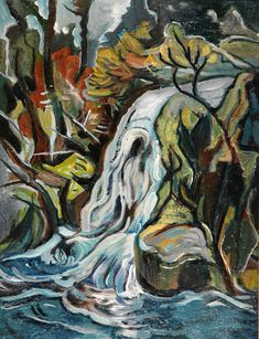 a painting of a waterfall with trees in the background