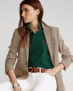 Polo Ralph Lauren Classic Fit Mesh Polo Shirt 6 Polo Outfits For Women, Tweed Blazer Outfit, Polo Shirt Outfit Women's, Preppy Mode, Outfit Elegantes, Blazer Outfits For Women, Ralph Lauren Outfits