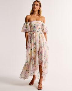 Women's Emerson Off-The-Shoulder Drama Maxi Dress | Women's Dresses & Jumpsuits | Abercrombie.com Diy Veil, Flattering Maxi Dress, Cute Jumpsuits, Cream Floral Dress, Jade Dress, Breeders Cup, Senior Stuff, Voluminous Skirt, 2025 Wedding