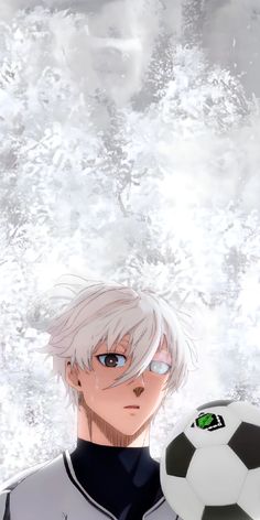 an anime character holding a soccer ball in front of snow covered ground and water behind him