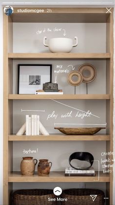 an open book shelf with books and vases on it, labeled how to arrange the shelves