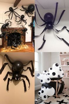 halloween decorations are displayed on the wall and in the ceiling, along with black spider balloons