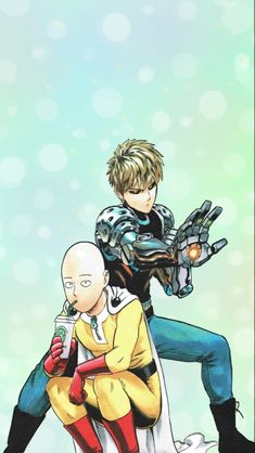 two anime characters sitting on top of each other with one holding a drink in his hand