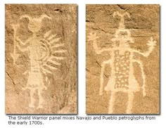 two rock paintings depicting people and animals on them