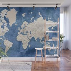 a large blue and white world map wall mural