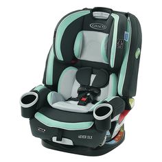 the child's car seat is shown in grey and aqua blue colors with black trim