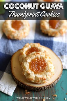 coconut guava thumbnut cookies on top of a wooden slice with caramel sauce