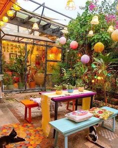 an outdoor dining area with colorful tables and stools, potted plants in the background