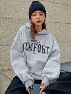 Light Grey Casual Collar Long Sleeve Fabric Letter Pullovers Embellished Non-Stretch  Women Clothing Pullover Hoodie Outfit, Fabric Letters, Grey Outfit, Hoodie Outfit, Drawstring Hoodie, Grey Hoodie, Drop Shoulder, Kangaroo Pocket