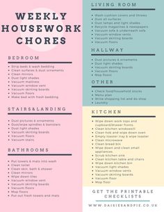 a pink and blue poster with the words weekly housework chores