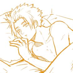 a drawing of a man laying in bed with his hand on his chin and looking at the camera