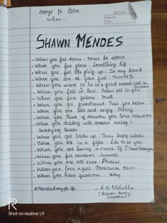 a piece of paper with the words shawn memes written on it and an image of someone's handwritten note