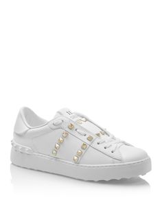 Valentino Garavani Women's Rockstud Untitled Low Top Sneakers Luxury Sneakers Women, Sneaker Wishlist, Valentino Rockstud Sneakers, Valentino Shoes Sneakers, Designer Sneakers Women, Valentino Garavani Sneakers, Valentino Sneakers, Comfy Walking Shoes, White Gold Studs