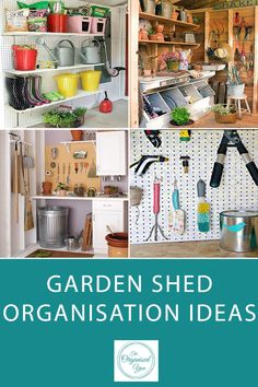 the garden shed organization ideas book is open to reveal several different types of gardening tools