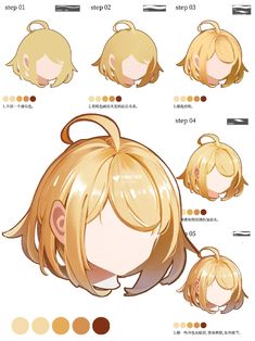 an anime character's hair is shown with different colors and shapes, including blondes