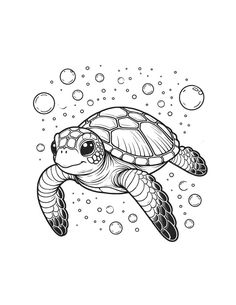 a turtle swimming in the ocean with bubbles