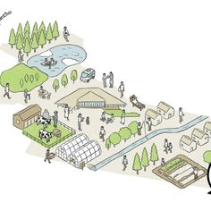 an illustrated map with people walking around it