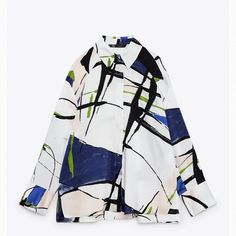 Zara Satin Shirt Zara Abstract Print Shirt, Trendy White Printed Blouse, Chic Multicolor Spring Shirt, Spring Long Sleeve Shirt With Abstract Print, Chic Collared Blouse With Graphic Print, Chic Long Sleeve Shirt With Graphic Print, White Abstract Print Blouse For Spring, White Long Sleeve Tops With Abstract Print, White Long Sleeve Top With Abstract Print