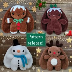 four stuffed animals are shown with the words pattern release written below them, along with stars and snowflakes