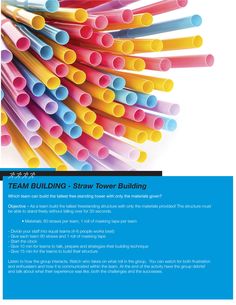 a brochure with many different colored straws in the shape of a tower