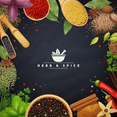 herbs and spices on black background - food objects