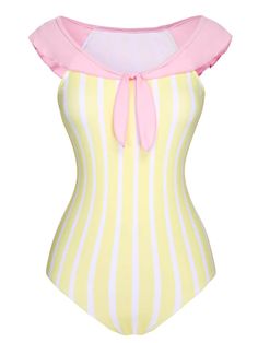 [Pre-Sale] Yellow & Pink 1940s Stripe One-Piece Swimsuit | Retro Stage Swimsuit Yellow, Kawaii Swimsuit, Retro Stage, Yellow Swimsuits, Retro Swimsuit, Pink One Piece, Baddie Tips, Standard Dress, Vintage Swimsuits