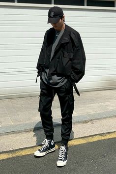 Hiphop Outfit Men Street Fashion, Hiphop Fashion Mens, Hiphop Outfit Men, Mens Techwear, Black Jacket Outfit, Casual Techwear, Underground Clothing