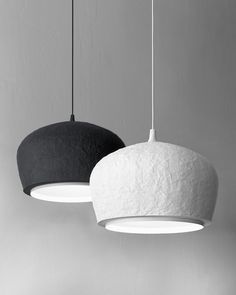 two black and white lamps hanging from the ceiling